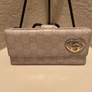 Gucci Long Wallet Embossed Guccissima Beige Cream Monogram Silver Heart GG Logo